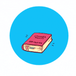 cartoon books stacking in blue circle gif
