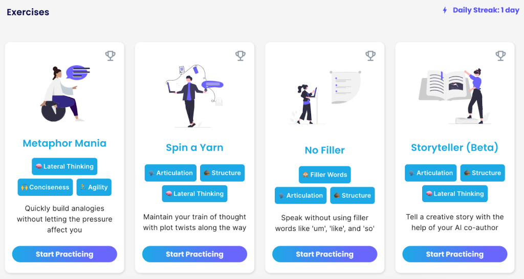 screenshot of yoodli practice drills