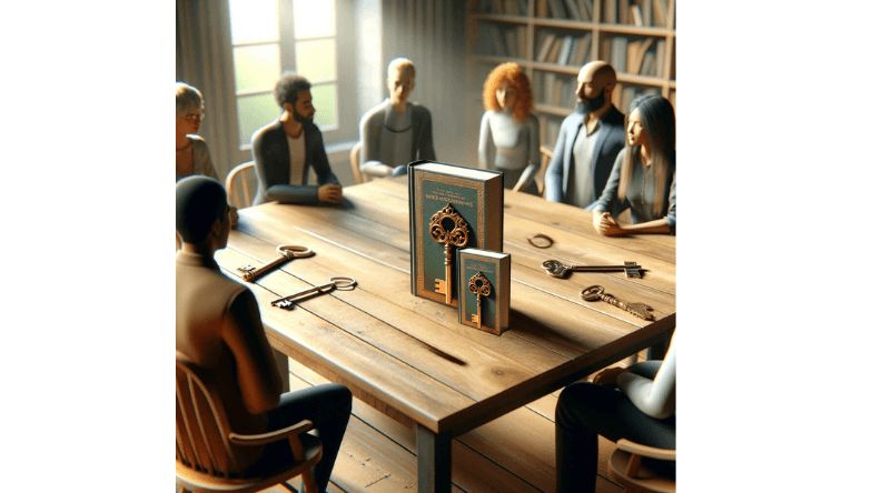 group of leaders sitting around table with book and keys